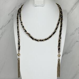 Black Faux Leather Woven Gold Tone Tassel Chain Link Open Wrap Lariat Necklace ✨